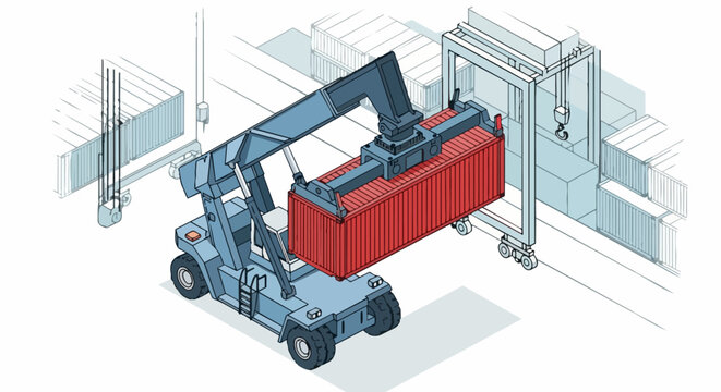 Reach Stacker Loading Red Shipping Container in Cargo Port, Isometric Logistics and Supply Chain Illustration