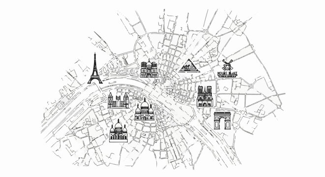 Stylized map of Paris with iconic landmarks illustrated in black and white