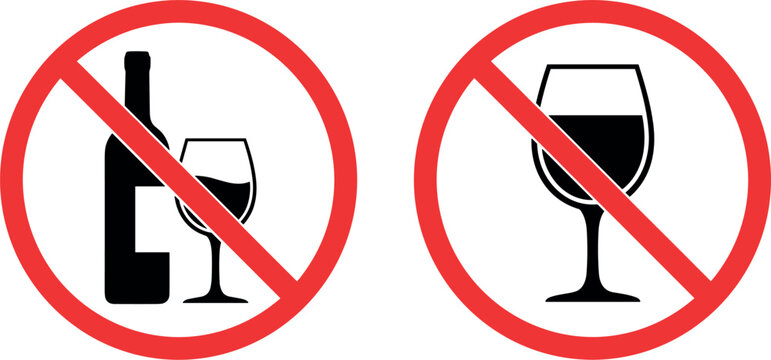 No Alcohol Prohibition Signs Set with Wine Bottle and Glass Icons for Safety Warning, Restriction Labels, and Public Notice DesignsNo Alcohol Prohibition Signs Set with Wine Bottle and Glass Icons for