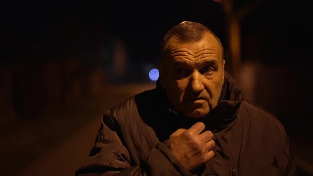 Frightened man walking alone on dark city street 