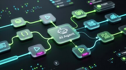 Fototapeta premium 3D rendering of an AI workflow automation software interface with nodes and triggers.