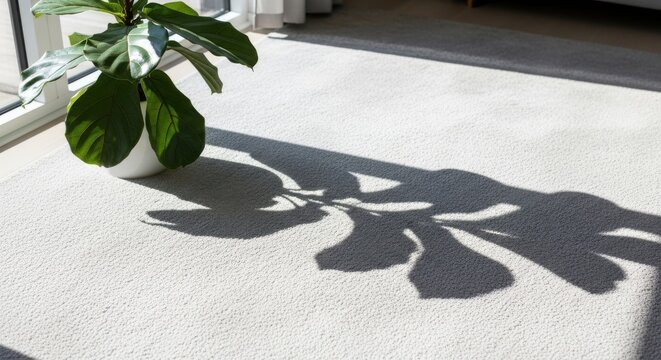 Fiddle Leaf Fig Leaves Casting Deep Shadows on a Textured Floor in Soft Natural Light