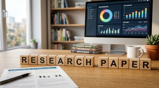 Scientific writing workflow for a research paper with data analysis on a computer screen.