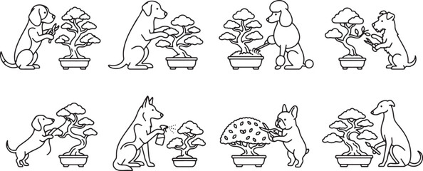 Fototapeta premium Dogs carefully pruning and maintaining bonsai trees in a peaceful garden setting