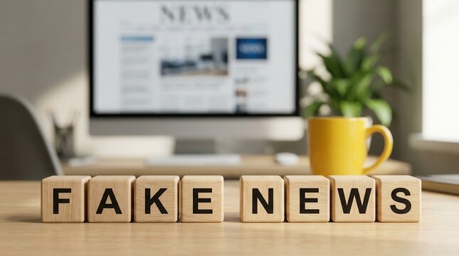 Wooden blocks spelling FAKE NEWS on a desk illustrating misinformation risks in media publishing.