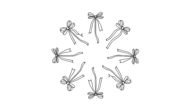 Minimal line art bow set with elegant ribbon designs in circular decorative vector composition
