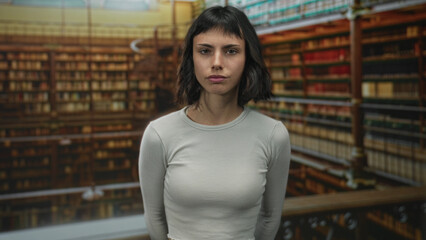 Woman purses lips and closes eyes standing amid tall wooden bookshelves in a spacious library room  doubt. © Krakenimages.com