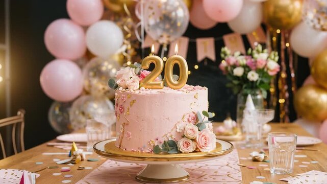 Elegant 20th birthday celebration cake surrounded by pastel balloons and festive decorations, capturing a joyful party atmosphere and milestone moment.