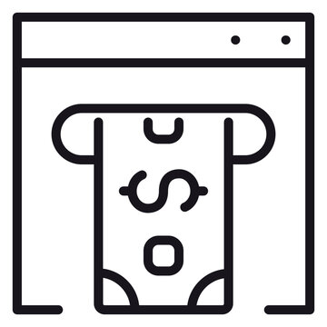 Black line vector icon illustration of a dollar bill being dispensed from an ATM machine or digital browser window, representing online banking, cash withdrawal, and financial transactions.