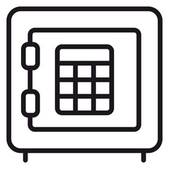 Minimalist black line vector icon of a security safe or bank vault with an electronic keypad lock, professional illustration for finance, protection, and wealth storage concepts on white background. © Sobia