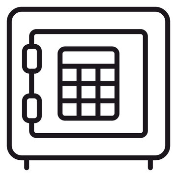 Minimalist black line vector icon of a security safe or bank vault with an electronic keypad lock, professional illustration for finance, protection, and wealth storage concepts on white background.