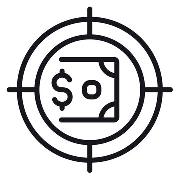 Financial targeting vector icon: A black minimalist illustration of a dollar bill inside a target crosshair, representing investment goals, profit focus, and strategic financial planning.