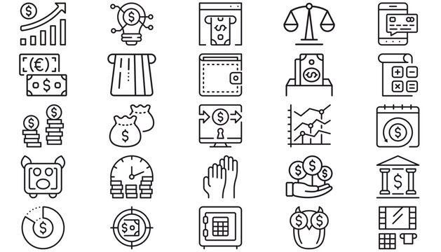 25 Black Vector Icon Set Collection Bundle: Minimalist Finance, Banking, Investment, Money, Growth Charts, Wallet, Credit Card, Currency, Accounting, Law, Security, and Business Symbols Grid.