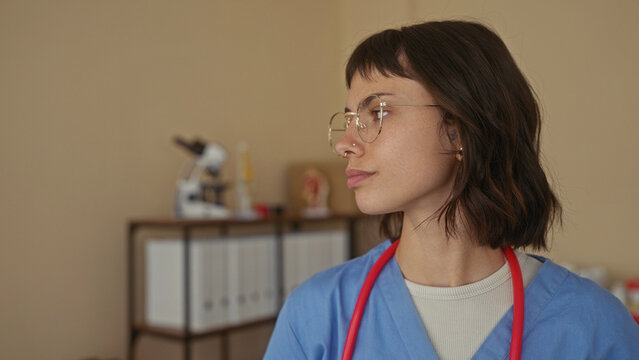 Woman nurse in blue scrubs with stethoscope and glasses closes eyes in building; serenity care empathy.