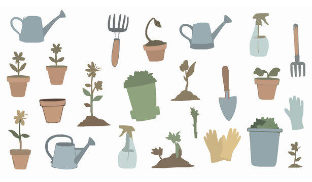 Hand drawn gardening doodle icon set with plants tools and nature elements for organic design