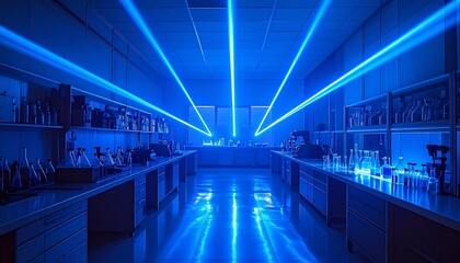 Fototapeta premium Futuristic laboratory illuminated by blue laser beams and equipment.