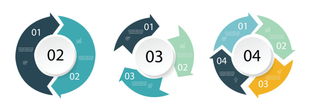  Business infographics. Circular arrows with 2-4 steps, options. Process chart, cycle diagram for business presentation, report, brochure.