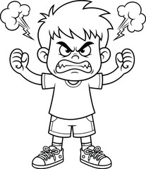 Fototapeta premium Angry boy outline vector illustration featuring furious child with clenched fists and steam cartoon coloring page isolated design