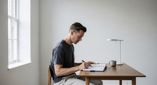 Engaged individual focused on writing and creating at a minimalist wooden desk in a bright, tranquil home office, embodying thoughtful work and productive concentration