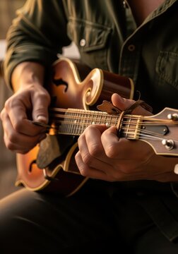 Musician plays a wooden mandolin in a  shot.