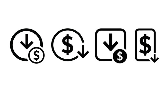 Set of icons symbolizing cost reduction, price decrease, and budget savings, with a dollar sign and downward arrow