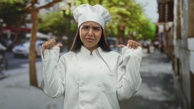 Woman chef in white coat with thumbs pointing to self on a street, wearing chef hat and grimace; skepticism.
