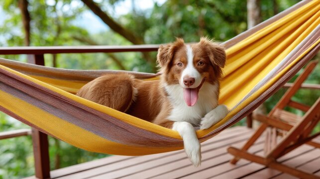 Happy border collie puppy lies in a colorful hammock on a wooden terrace during summer vacation