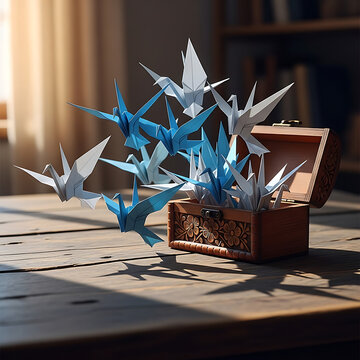 A wooden treasure chest overflowing with colorful origami cranes on a rustic table in a cozy room