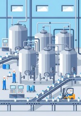 Fototapeta premium Modern industrial plant features workers overseeing automated dairy production lines with large stainless steel vats and conveyor belts.