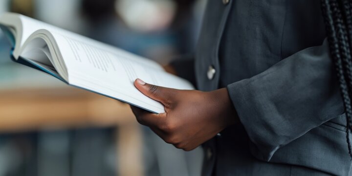 Student holding open book in classroom closeup setting