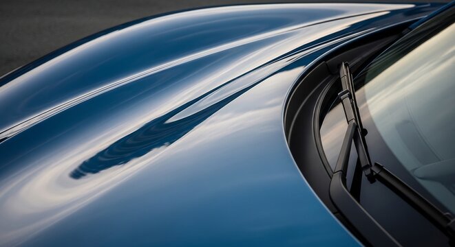 Closeup of a sleek shiny blue car hood with a windshield wiper capturing reflections.