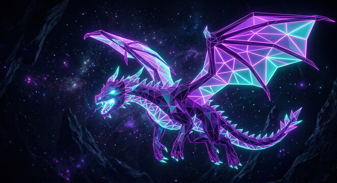 Abstract purple Dragon in background design with glowing stars and galaxy light texture