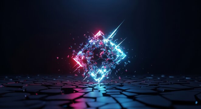 Fractured digital elements floating in a dark expanse, reality dissolving into geometric shards, glowing light leaks, and distorted pixels, infinite, blast, neon