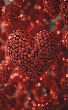 A large red heart covered in shiny sequins surrounded by smaller hearts