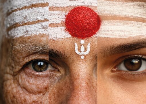 Horizontal age-comparison portrait of an Indian man with sacred forehead markings, blending mature and elderly facial features in a spiritual closeup.