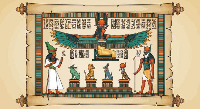 Ancient Egyptian Gods and Hieroglyphs on Papyrus Scroll