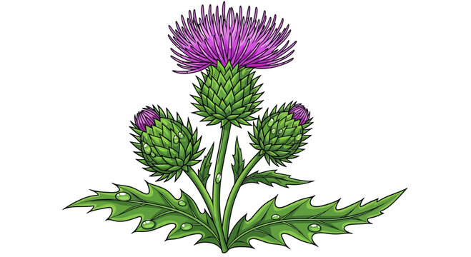 Scottish Thistle Flower with Green Leaves and Water Droplets, National Symbol of Scotland