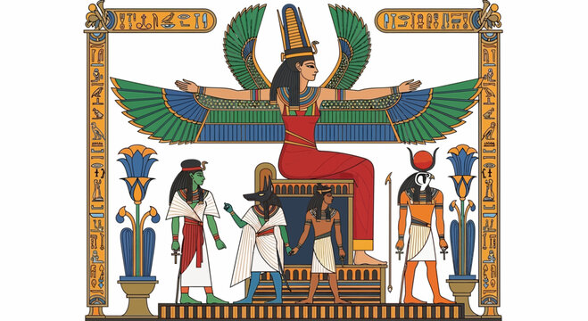 Ancient Egyptian Goddess Isis with Winged Protection and Deities