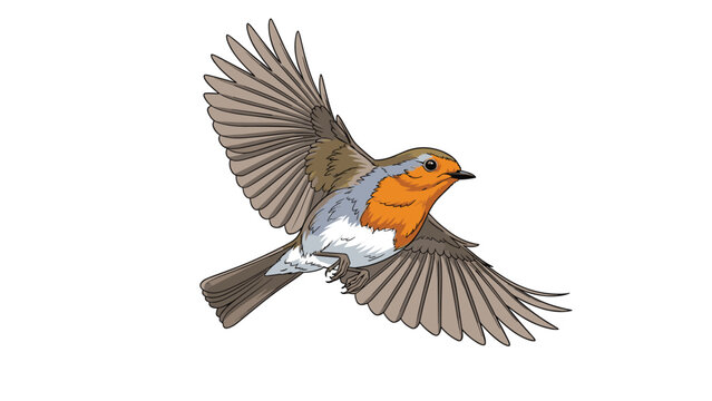 Small robin bird with orange chest and brown feathers captured in a mid flight pose with wings spread open on white background.