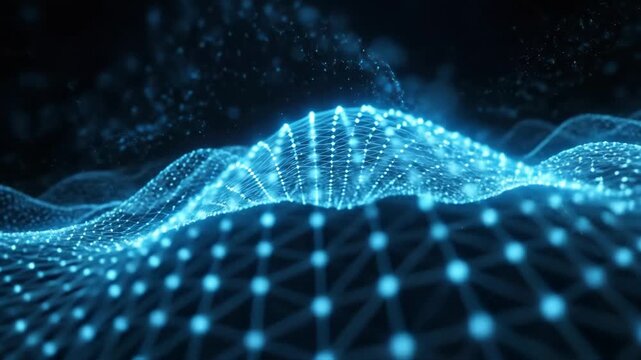 A glowing blue mesh wave of dots and connecting lines floating over a dark void, smooth curvature, subtle depth, and flowing digital motion, sleek futuristic ambiance, ultra-realistic, no logos.