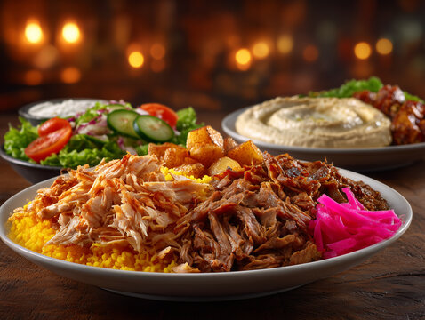 Large shawarma plate with chicken, beef, rice