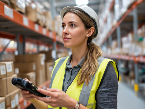 Woman warehouse worker checking inventory with scanner