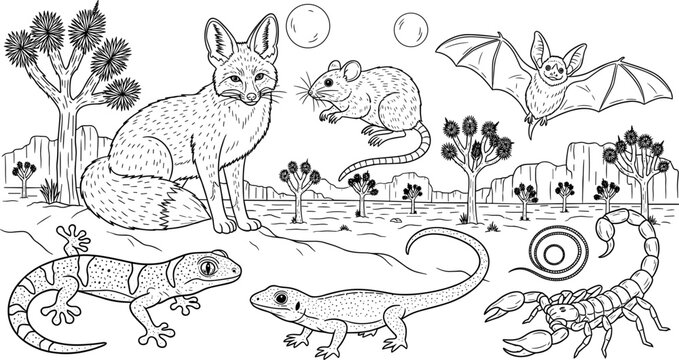 Desert Wildlife Collection with Fox, Bat, Lizard, Scorpion, and Joshua Tree in a Desert Landscape