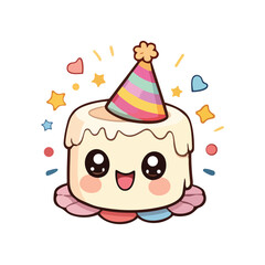 Fototapeta premium Cute cartoonist birthday cake character vector. Whimsical cake cartoon clipart. Adorable birthday cake emoticon drawing