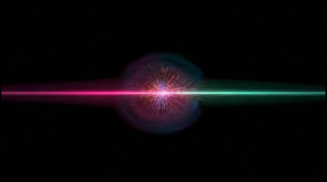 Cosmic explosion with vibrant light beams and colorful particles radiating outward