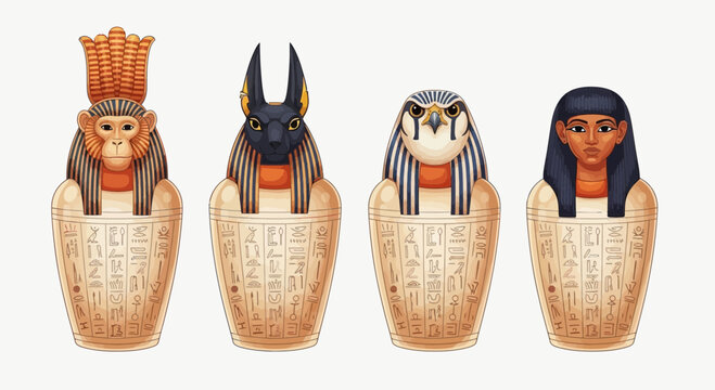 Ancient Egyptian Canopic Jars with Animal Heads: Imsety, Hapi, Duamutef, Qebehsenuef