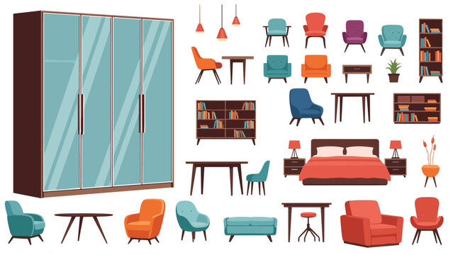 Large set of various home and office furniture items including beds, sofas, chairs, tables, lamps, and bookshelves in a flat design style.