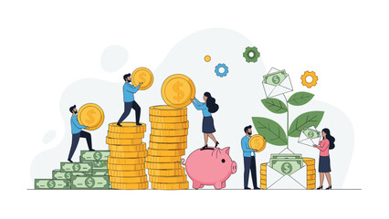 Fototapeta premium Corporate business team working together to manage money using stacks of coins, a piggy bank, green cash plants, and envelopes of dollars.