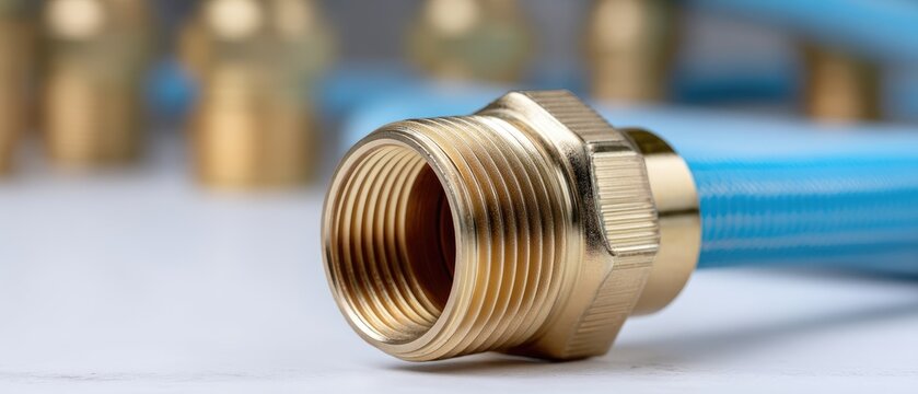 Close up of brass female water supply system with rajah nut and blue plastic hose against white background for home plumbing needs