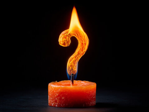 Burning candle flame forming a glowing question mark